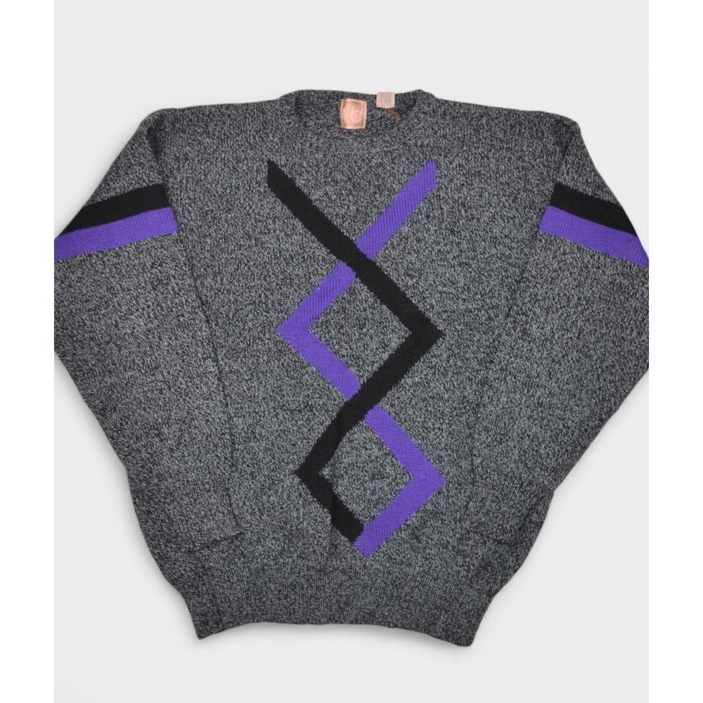 Vintage Henry Grethel Sweater Mens XL Grey Wool Crewneck Geometric Jumper